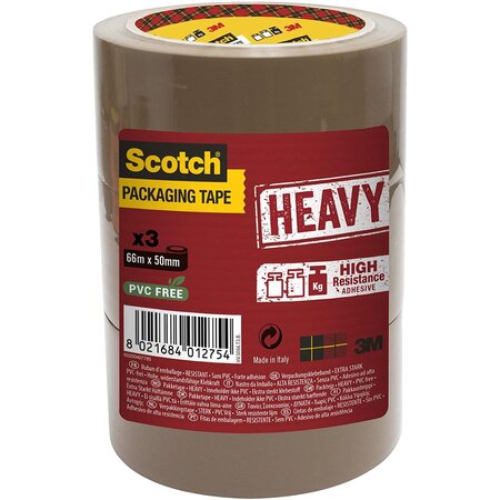 Pack de 3 rubans adhésif d'emballage heavy 50 mm x 66 m marron scotch