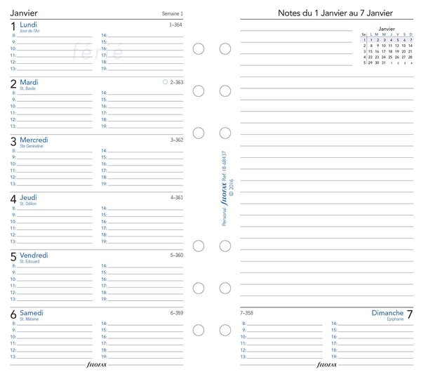 Recharge PERSONAL SEM SUR 1 PAGE AVEC HEURES + PAGE DE NOTES FR FILOFAX