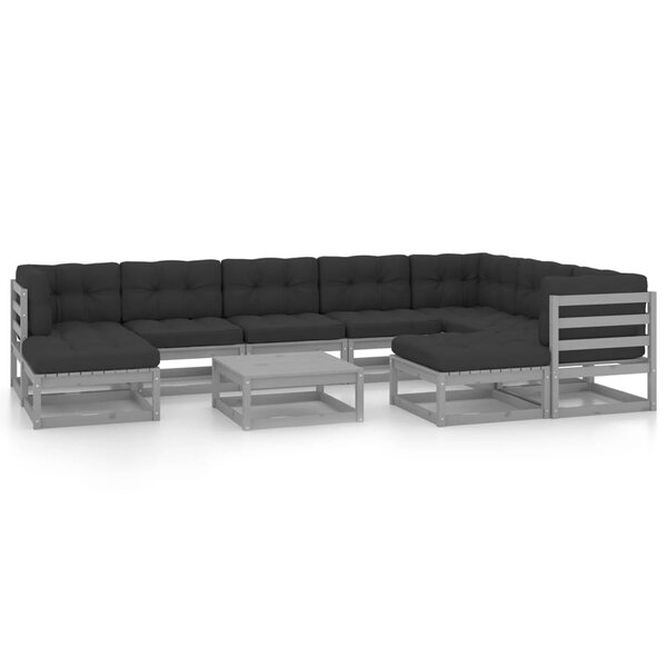 vidaXL Salon de jardin 10 Pièces avec coussins Gris Bois de pin massif