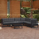 vidaXL Salon de jardin 7 Pièces avec coussins Noir Bois de pin massif