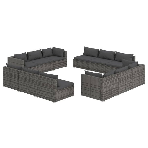 vidaXL Salon de jardin 12 Pièces avec coussins Résine tressée Gris
