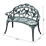 Banc de jardin 2 places style néo-rétro motif rose lignes fuselées 100L x 54l x 78H cm fonte d'aluminium vert vieilli