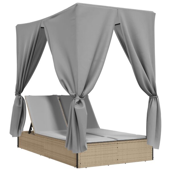 vidaXL Chaise longue double avec toit et rideaux beige résine tressée