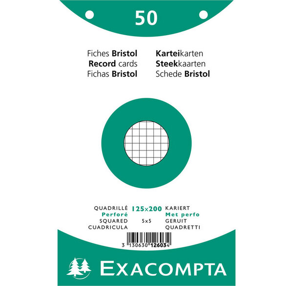 Paquet 50 fiches bristol blanc quadrillé 5x5 perforé 125x200mm x 24 EXACOMPTA