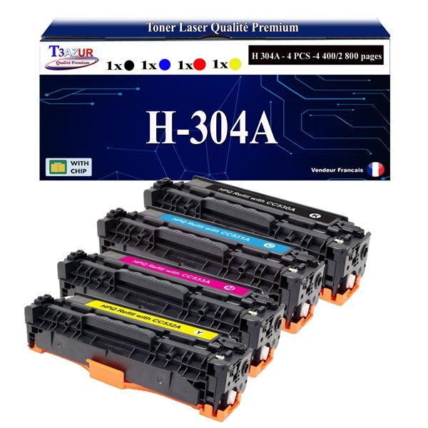 T3AZUR -4x Toners compatibles avec CC530A 304A pour HP Color LaserJet CP2000 CP2020 CP2024 CP2024DN CP2024N CP2025 CP2025DN CP2025N CP2025X - Magenta
