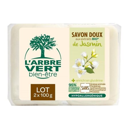 L'Arbre Vert L’Arbre Vert Savon Doux aux Extraits Bio de Jasmin par 2 de 100g (lot de 6 soit 12 savons)