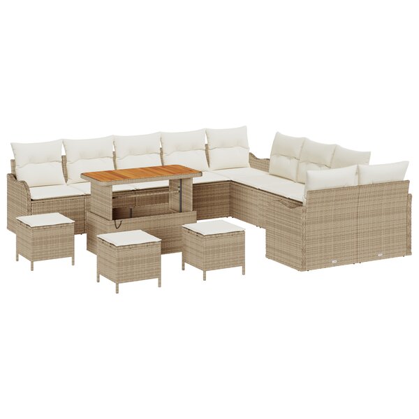 vidaXL Ensemble de canapé de jardin 14 pièces avec des coussins beiges en rattan poly et en acacia.