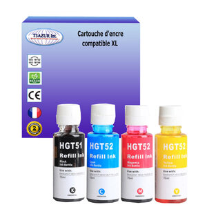 4  Bouteilles d'encre compatibles avec HP DeskJet GT5810, GT5820 remplace HP GT51 / GT52 (Noire+Couleur) - T3AZUR