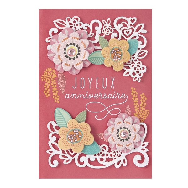 Carte anniversaire femme décor en fleurs reliefées - draeger paris