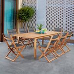 Ensemble repas de jardin  6 a 8 personnes - Table extensible 180-240 x 100 cm + 6 chaises assises textilene - Bois Eucalyptus FSC