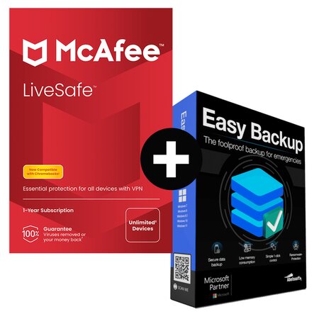 McAfee LiveSafe + Easy Backup - Licence 1 an - 1 PC - A télécharger