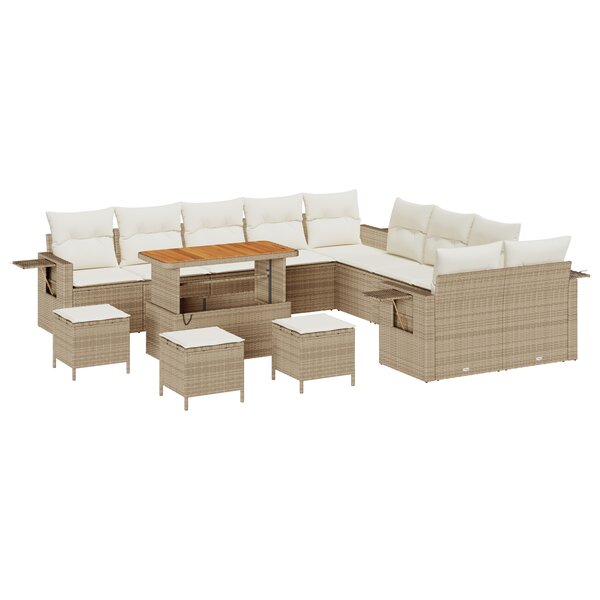 Ensemble de canapé de jardin 14 pièces avec coussins en poly rotin beige Acacia