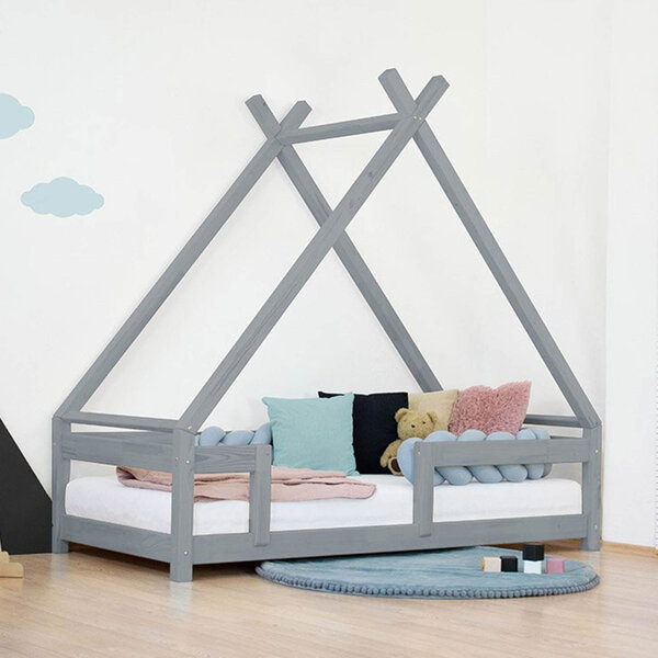Lit Tipi enfant avec barrière bois massif gris 120 x 200 cm
