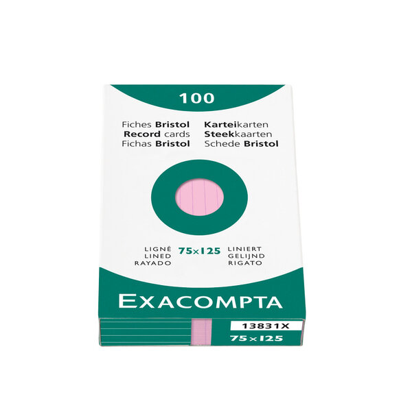 Étui de 100 fiches bristol ligné non perforé 75x125mm Rose EXACOMPTA