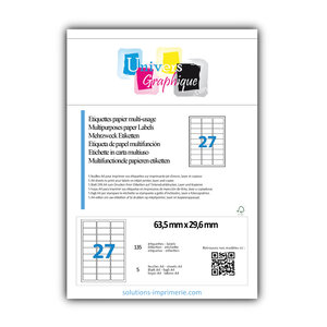 Lot de 5 planches a4 de 27 étiquettes à bords ronds 63 5 x 29 6 mm en papier blanc 70g/m² multifonction
