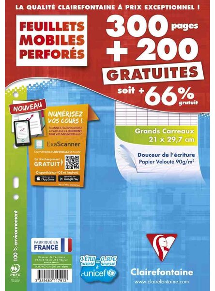 Feuillets Mobiles 21x29 7cm 500p 90g Séyès sous Etui cartonné CLAIREFONTAINE