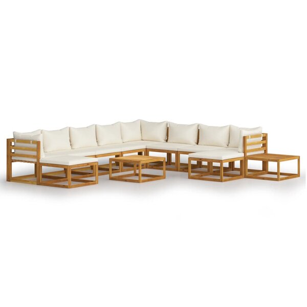 Salon de jardin meuble d'extérieur ensemble de mobilier 12 pièces avec coussin crème bois d'acacia solide 02_0015530