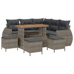 Ensemble de Canapé de Jardin 9 pièces avec Coussins Gris Poly Rattan Acacia