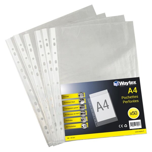 Chemise Pochette perforée A4, transparent grainé, 40 mic sachet de 50 WAYTEX