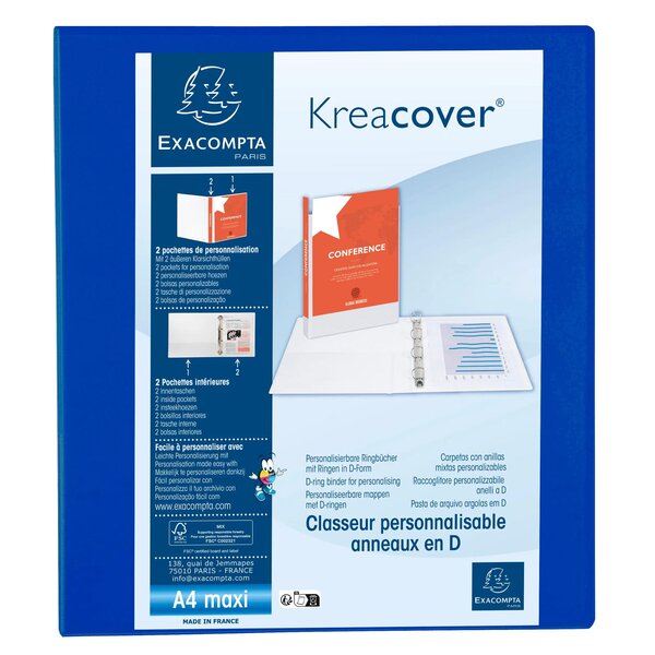 Classeur Pp Personnalisable Kreacover - 4 Anneaux En D 50mm - A4 Maxi - Bleu - X 10 - Exacompta