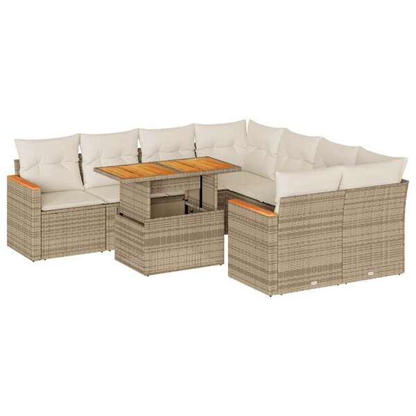 vidaXL Salon de jardin avec coussins 9 Pièces beige résine tressée acacia