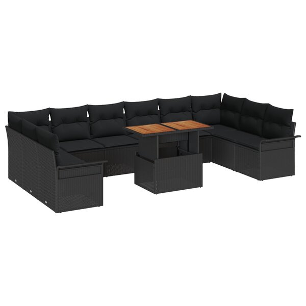 vidaXL Ensemble de salle à manger de jardin 11 pièces avec coussins noir poly rattan acacia