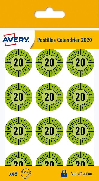 48 pastilles calendrier 2020 + 12 mois, antieffraction