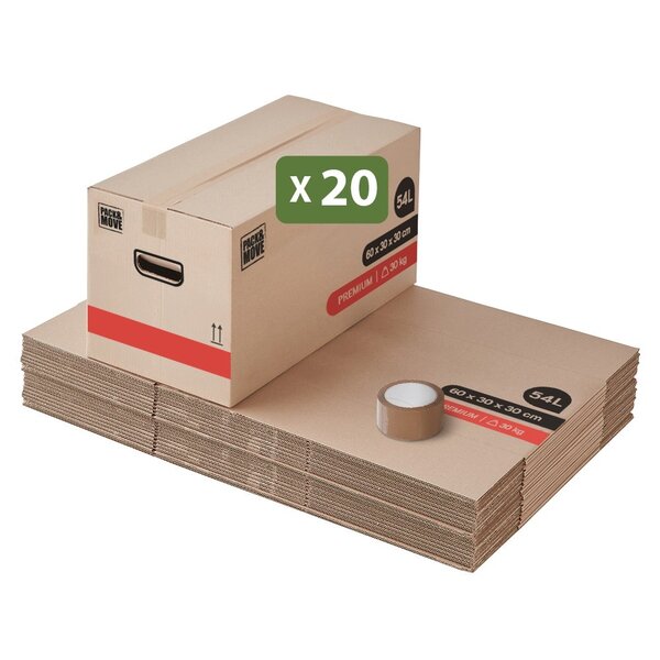 Pack and Move - Lot 20 Cartons Déménagement Premium - 60 X 30 X 30 - Extrême Résistance 30KG - Réutilisable - Poignées Renforcées - 1 Adhésif Offert