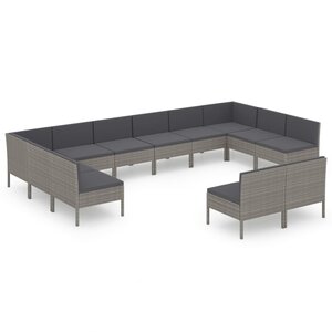vidaXL Salon de jardin 12 Pièces avec coussins Résine tressée Gris