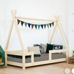 Lit Tipi enfant avec barrière bois massif naturel vernis 120 x 190 cm