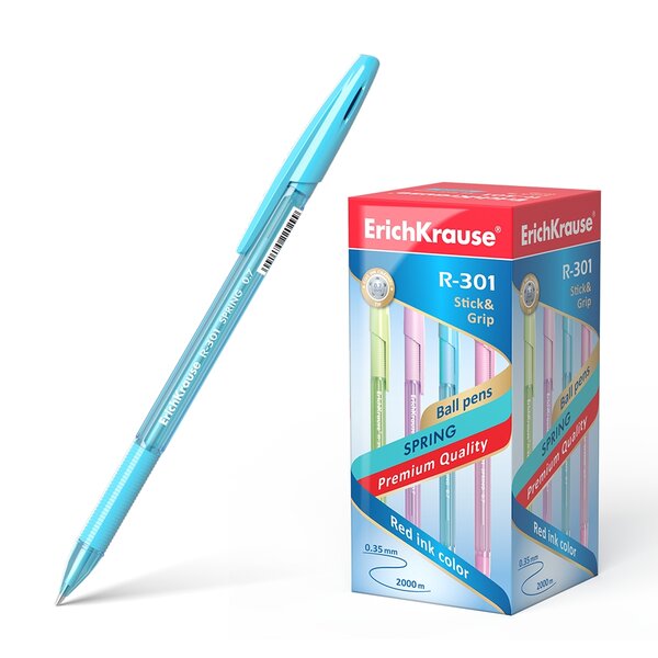 LOT de 50 Stylo à bille Erichkrause R-301 Spring Stick&Grip 0.7 - Corps hexagonal translucide - Zone de préhension en caoutchouc profilée - Pointe de 0 7 mm - Encre à séchage rapide - Couleur bleue