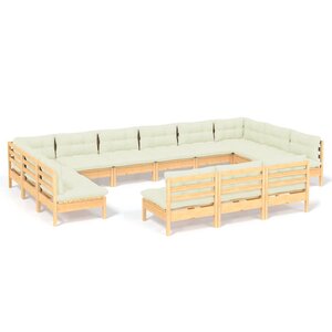 vidaXL Salon de jardin 13 Pièces avec coussins crème Bois de pin solide