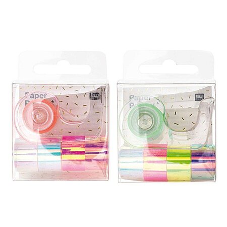 10 mini masking tapes iridescent 1 2 cm x 1 8 m - Blanc & rose  arc-en-ciel
