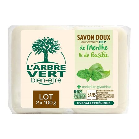 L'Arbre Vert L’Arbre Vert Savon Doux aux Extraits Bio de Menthe et de Basilic par 2 de 100g (lot de 6 soit 12 savons)