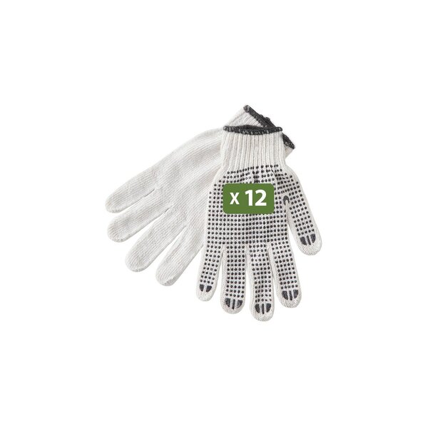 Pack and Move - Lot de 12 Paires de gants de travail déménagement - Coton et PVC antidérapant - Blanc et Noir
