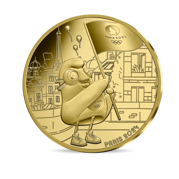 Monnaie de 250€ en Or - Mascotte - Jeux Olympiques 2024 Le drapeau des Jeux Olympiques - Qualité BU Millésime 2023
