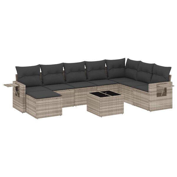 vidaXL Salon de jardin 9 Pièces avec coussins gris clair résine tressée