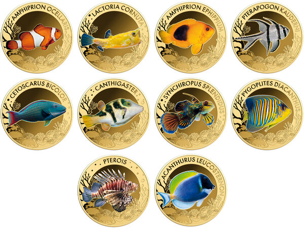 Monnaie MOST FAMOUS CORAL FISH Set 10x1/1000 Oz Or 3000 Francs Chad (PRÉCOMMANDE)