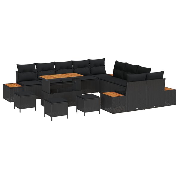 Ensemble de Canapés de Jardin 14 Pièces avec Coussins Noir Rattan Poly Acacia