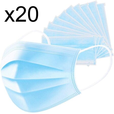 Lot de 20 masques chirurgicaux jetables - protection respiratoire 3 couches pour le visage - hypoallergénique et respirant - Norme CE