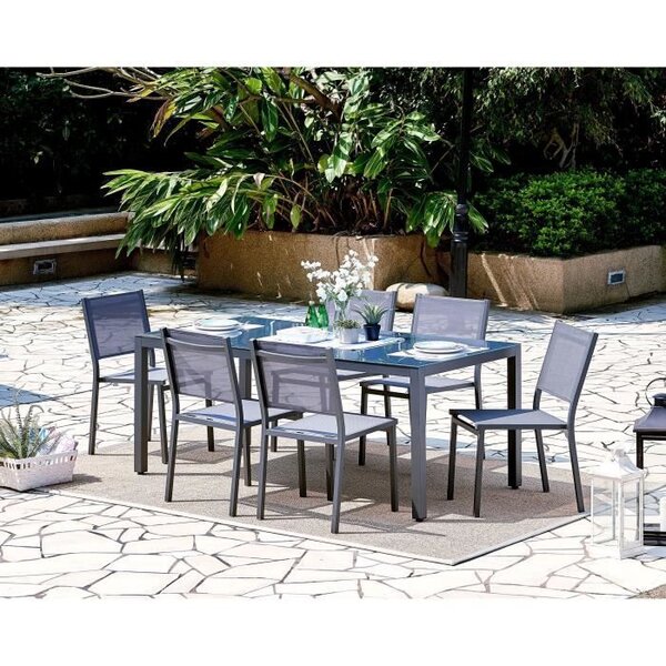 Ensemble repas de jardin 6 personnes Aluminium - Table avec plateau en verre 180 x 90 cm + 6 chaises et assise textilene -  Gris