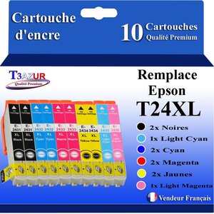 T3AZUR- 10x Cartouches Compatibles avec Epson T2431 T2432 T2433 T2434 T2435 T2436 T24XL