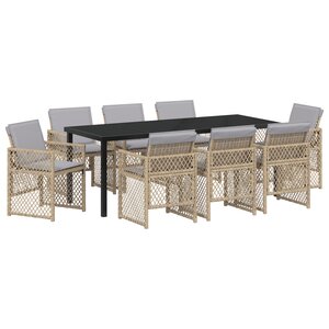 Ensemble de Salle à Manger de Jardin 9 Pièces avec Coussins Beige Rattan Poly