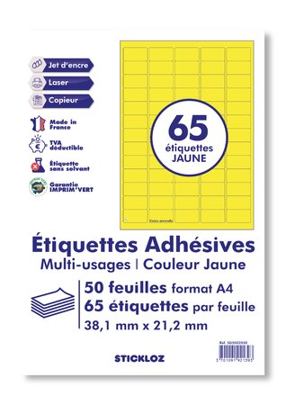 Planche étiquettes autocollantes sur feuille A4 : 38,1 x 21,2 mm (65  étiquettes)
