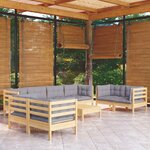 vidaXL Salon de jardin 9 Pièces avec coussins gris bois de pin massif