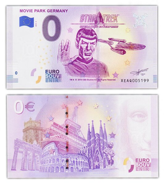 Billet de Collection 0 Euro souvenir 2019 Movie Park Germany - Allemagne - Neuf - Star Trek - Spock - Numéro de série aléatoire