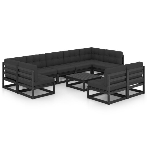 vidaXL Salon de jardin 10 Pièces avec coussins Noir Bois de pin massif