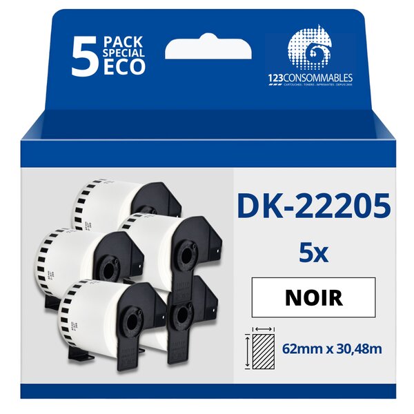 Pack de 5 Rouleaux Étiquettes compatible avec BROTHER DK-22205 - Largeur 62 mm x 30 48 mètres - Texte noir sur fond blanc