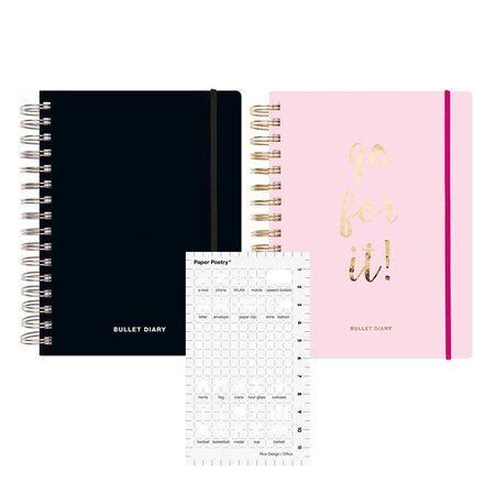 2 agendas Bullet journal rose et noir à spirales 96 feuilles + Pochoir icônes bureau