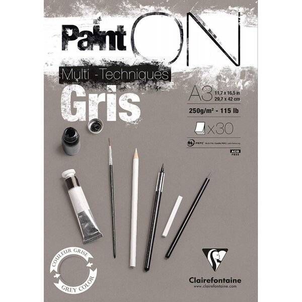 Bloc paint on gris encolle - a3 - 30 feuilles - clairefontaine